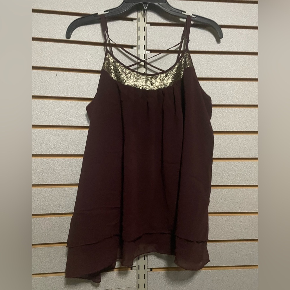 Mossino Supply Co Wine Colored Gold Sequins Spaghetti Strap Tank Sheer Blouse L